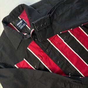 VINTAGE Wrangler Shirt Mens 16.5-35 X-Long Tails Western Cowboy Cut Red Black